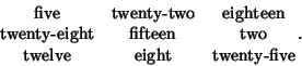 \begin{displaymath}
\matrix{\rm five & \hbox{twenty-two} & \rm eighteen\cr \hbox...
...& \rm two\cr
\rm twelve & \rm eight & \hbox{twenty-five}\cr}.
\end{displaymath}