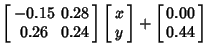 $\displaystyle \left[\begin{array}{cc}-0.15 & 0.28\\  0.26 & 0.24\end{array}\rig...
...c}x\\  y\end{array}\right]+\left[\begin{array}{c}0.00\\  0.44\end{array}\right]$