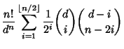 $\displaystyle {n!\over d^n} \sum_{i=1}^{\left\lfloor{n/2}\right\rfloor } {1\over 2^i}{d\choose i}{d-i\choose n-2i}$