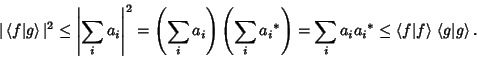 \begin{displaymath}
\vert\left\langle{f\vert g}\right\rangle{}\vert^2\leq \left\...
...f\vert f}\right\rangle{}\left\langle{g\vert g}\right\rangle{}.
\end{displaymath}