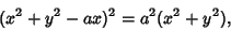 \begin{displaymath}
(x^2+y^2-ax)^2=a^2(x^2+y^2),
\end{displaymath}