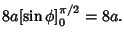 $\displaystyle 8a[\sin\phi]^{\pi/2}_0 = 8a.$