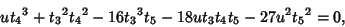 \begin{displaymath}
u{t_4}^3+{t_3}^2{t_4}^2-16{t_3}^3t_5-18ut_3t_4t_5-27u^2{t_5}^2=0,
\end{displaymath}