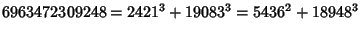 $6963472309248=2421^3+19083^3=5436^2+18948^3$