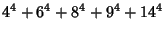 $\displaystyle 4^4+ 6^4+ 8^4+ 9^4+14^4$