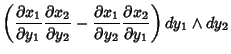 $\displaystyle \left({{\partial x_1\over \partial y_1}{\partial x_2\over \partia...
...al x_1\over\partial y_2}{\partial x_2\over \partial y_1}}\right)dy_1\wedge dy_2$