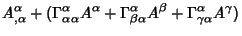 $\displaystyle A^\alpha_{,\alpha}
+ (\Gamma^\alpha_{\alpha \alpha }A^\alpha+\Gamma^\alpha_{\beta\alpha }A^\beta+\Gamma^\alpha_{\gamma\alpha }A^\gamma)$