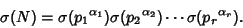 \begin{displaymath}
\sigma(N)=\sigma({p_1}^{\alpha_1})\sigma({p_2}^{\alpha_2})\cdots\sigma({p_r}^{\alpha_r}).
\end{displaymath}