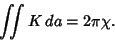 \begin{displaymath}
\int\!\!\!\int K\,da=2\pi\chi.
\end{displaymath}