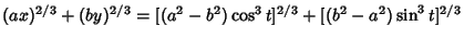 $(ax)^{2/3}+(by)^{2/3}= [(a^2-b^2)\cos^3t]^{2/3}+[(b^2-a^2)\sin^3t]^{2/3}$