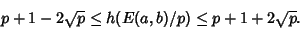 \begin{displaymath}
p+1-2\sqrt{p} \leq h(E(a,b)/p)\leq p+1+2\sqrt{p}.
\end{displaymath}