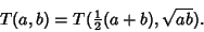 \begin{displaymath}
T(a,b) = T({\textstyle{1\over 2}}(a+b),\sqrt{ab}).
\end{displaymath}