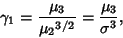 \begin{displaymath}
\gamma_1 = {\mu_3\over {\mu_2}^{3/2}} = {\mu_3\over \sigma^3},
\end{displaymath}