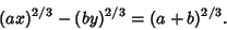 \begin{displaymath}
(ax)^{2/3} - (by)^{2/3} = (a+b)^{2/3}.
\end{displaymath}