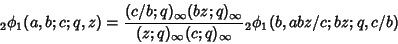 \begin{displaymath}
{}_2\phi_1(a,b;c;q,z)={(c/b;q)_\infty(bz;q)_\infty\over(z;q)_\infty(c;q)_\infty} {}_2\phi_1(b,abz/c;bz;q,c/b)
\end{displaymath}