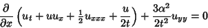 \begin{displaymath}
{\partial\over\partial x}\left({u_t+uu_x+{\textstyle{1\over 2}}u_{xxx}+{u\over 2t}}\right)+{3\alpha^2\over 2t^2} u_{yy}=0
\end{displaymath}