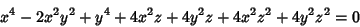 \begin{displaymath}
x^4-2x^2y^2+y^4+4x^2z+4y^2z+4x^2z^2+4y^2z^2=0
\end{displaymath}