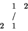 \begin{displaymath}
\matrix{
& 1 & 2\cr
& / & \cr
2 & 1 & \cr}
\end{displaymath}