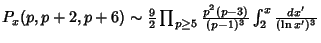 $P_x(p,p+2,p+6)\sim {9\over 2} \prod_{p\geq 5} {p^2(p-3)\over (p-1)^3} \int_2^x {dx'\over (\ln x')^3}$