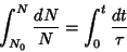 \begin{displaymath}
\int_{N_0}^N {dN\over N} = \int_0^t {dt\over\tau}
\end{displaymath}