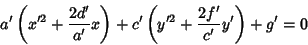 \begin{displaymath}
a'\left({x'^2+{2d'\over a'}x}\right)+c'\left({y'^2+{2f'\over c'}y'}\right)+g'=0
\end{displaymath}