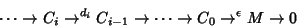 \begin{displaymath}
\cdots \rightarrow
C_i\rightarrow^{d_i}C_{i-1}\rightarrow\cdots\rightarrow
C_0\rightarrow^{\epsilon} M\rightarrow 0
\end{displaymath}