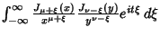 $\int_{-\infty}^\infty {J_{\mu+\xi}(x)\over x^{\mu+\xi}} {J_{\nu-\xi}(y)\over y^{\nu-\xi}} e^{it\xi}\,d\xi$