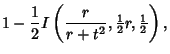 $\displaystyle 1-{1\over 2} I\left({{r\over r+t^2}, {\textstyle{1\over 2}}r, {\textstyle{1\over 2}}}\right),$