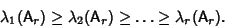 \begin{displaymath}
\lambda_1({\hbox{\sf A}}_r)\geq \lambda_2({\hbox{\sf A}}_r)\geq \ldots \geq \lambda_r({\hbox{\sf A}}_r).
\end{displaymath}