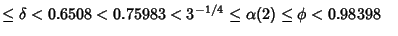 $ \leq\delta<0.6508<0.75983<3^{-1/4}\leq\alpha(2)\leq \phi< 0.98398\quad$