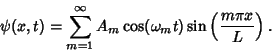 \begin{displaymath}
\psi(x,t)=\sum_{m=1}^\infty A_m\cos(\omega_m t) \sin\left({m\pi x\over L}\right).
\end{displaymath}