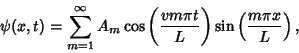 \begin{displaymath}
\psi(x,t)=\sum_{m=1}^\infty A_m\cos\left({vm\pi t\over L}\right)\sin \left({m\pi x\over L}\right),
\end{displaymath}